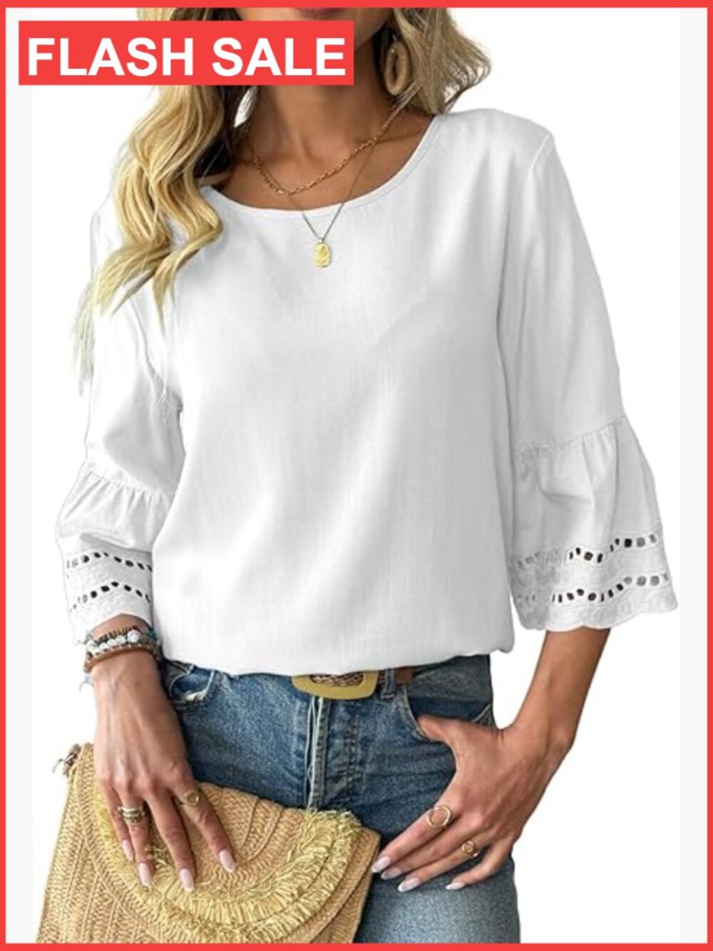 3/4 Bell Sleeve Hollow Out Ruffle Blouse Trendy Casual Loose Fit